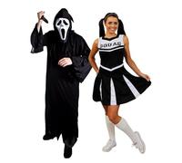 Costume de couple Screamer pour adultes - Robe noire, masque de crieur, faux couteau et robe de pom-pom girl noire taille XS - Costume d'Halloween pour adultes et femmes