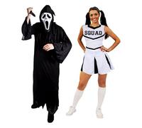 Costume de couple Screamer pour adultes - Robe noire, masque Screamer, faux couteau et robe de pom-pom girl blanche XL - Costume d'Halloween pour adultes et femmes