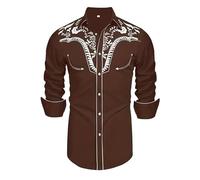 Costume de cowboy hippie 2026 pour homme - Chemise de cowboy western à manches longues - Chemise brodée - Coupe ajustée - Chemise boutonnée décontractée avec poches, marron, M