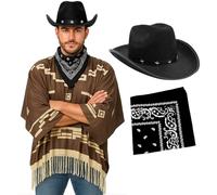 Costume de cowboy pour adulte - Poncho marron foncé avec franges à pompons, chapeau de cowboy noir étoilé, bandana cachemire noir - Déguisement western pour homme
