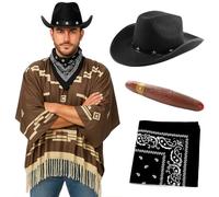 Costume de cowboy pour adulte - Poncho marron foncé avec franges à pompons, chapeau de cowboy noir étoilé, bandana cachemire noir, faux cigare - Déguisement western pour homme