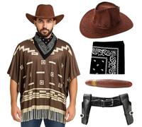 Costume de cowboy pour adultes - Standard - Poncho marron foncé, chapeau de cowboy en velours marron, bandana cachemire noir, étui pour pistolet, faux cigare - Déguisement western pour homme