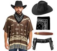 Costume de cowboy pour adultes - Standard - Poncho marron foncé, chapeau de cowboy en velours noir, bandana cachemire noir, étui pour pistolet, faux cigare - Déguisement western pour homme
