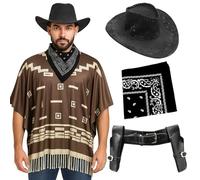 Costume de cowboy pour adultes - XL - Poncho marron foncé avec franges à pompons, chapeau de cowboy en velours noir, bandana cachemire noir, étui pour pistolet - Déguisement western pour homme