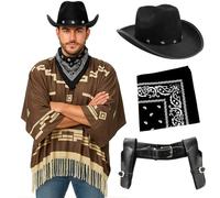Costume de cowboy pour adultes - XL - Poncho marron foncé avec franges à pompons, chapeau de cowboy noir étoilé, bandana cachemire noir, étui pour pistolet - Déguisement western pour homme