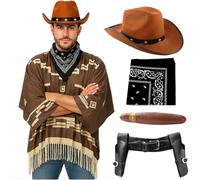 Costume de cowboy pour adultes - XL - Poncho marron foncé, chapeau de cowboy marron étoilé, bandana noir, étui pour pistolet, faux cigare - Déguisement western pour homme