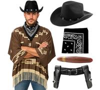 Costume de cowboy pour adultes - XL - Poncho marron foncé, chapeau de cowboy noir clouté étoilé, bandana noir, étui pour pistolet, faux cigare - Déguisement western pour homme