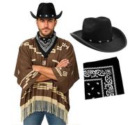 Costume de cowboy Wild West pour adultes - Poncho géométrique marron avec ourlet à pompons, chapeau de cowboy clouté étoile noire et bandana cachemire - Costume de luxe spaghetti Western Gunslinger