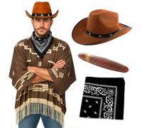 Costume de cowboy Wild West pour adultes - Poncho géométrique marron avec ourlet à pompons, chapeau marron clouté étoilé, bandana cachemire noir et cigare en plastique - Déguisement de hors-la-loi
