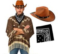 Costume de cowboy Wild West pour adultes - Poncho marron à motif géométrique avec ourlet à pompons, chapeau de cowboy clouté étoile et bandana cachemire noir - Déguisement western de luxe