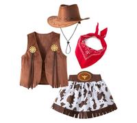 Costume de cowgirl occidental pour enfants, 4 pièces, gilet, écharpe, chapeau et jupe courte, tenue de spectacle, robe de fête, costume de cowgirl pour filles