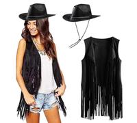 Costume de cowgirl pour femme - Ensemble chapeau de cowboy pour femme - Gilet à pompons des années 70 - Haut disco hippie - Costume hippie en faux daim à franges - Veste cardigan sans manches -