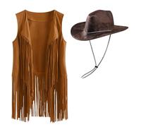 Costume de cowgirl pour femme - Ensemble chapeau de cowboy pour femme - Gilet à pompons des années 70 - Haut disco hippie - Costume hippie en faux daim à franges - Veste cardigan sans manches -