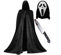 Costume de crieur pour adultes - Longue cape noire à capuche en velours, masque à capuche et couteau en plastique - Parfait pour Halloween, film et autres déguisements