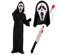 Costume de crieur pour enfant - Taille M - Robe dentelée noire avec capuche, masque de crieur avec pompe à sang, faux couteau - Costume d'Halloween effrayant pour garçons et filles