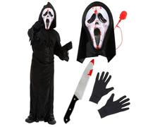 Costume de crieur pour enfant - Taille M - Robe dentelée noire avec capuche, masque de crieur avec pompe à sang, gants noirs - Déguisement effrayant pour Halloween
