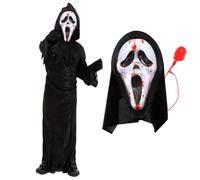 Costume de crieur pour enfant - XL - Robe dentelée noire avec capuche, masque de crieur avec pompe à sang - Costume d'Halloween effrayant pour garçons et filles