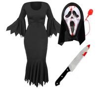 Costume de crieur pour femme - Taille M - Robe noire avec bords dentelés, masque de crieur avec pompe à sang et faux couteau - Déguisement d'Halloween pour adultes et femmes