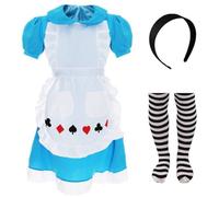Costume de curieuse pour fille - Taille XL - Robe bleue avec tablier, collants rayés noirs et blancs et bandeau noir - Déguisement pour fille - Pour la semaine du livre - Déguisement pour la journée