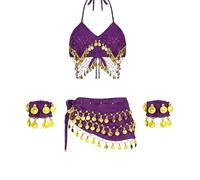 Costume de danse du ventre égyptienne avec franges scintillantes et chaîne de taille en perles pour danse du ventre en cristal, violet, taille unique