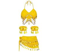 Costume de danse du ventre égyptienne avec franges scintillantes et chaîne de taille en perles pour danse du ventre en cristal, jaune, taille unique