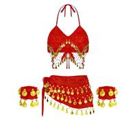 Costume de danse du ventre égyptienne avec franges scintillantes et chaîne de taille en perles pour danse du ventre en cristal, Rouge, taille unique