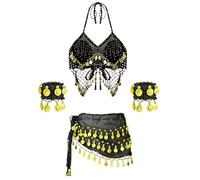 Costume de danse du ventre égyptienne avec franges scintillantes et chaîne de taille en perles pour danse du ventre en cristal, Noir , taille unique