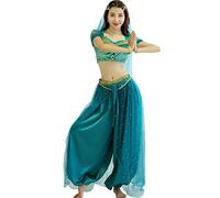 Costume de danse du ventre Jasmine - Costume d'Halloween Aladdin - Costumes de princesse bleu sarcelle pour femmes/filles - Taille L