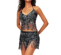 Costume de danse du ventre pour femme - Mini jupe et haut - Dos nu - Soutien-gorge à paillettes - 2 pièces - Jupe brillante à paillettes - Jupe à paillettes - Haut du Nouvel An - Carnaval - Fête
