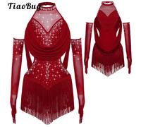 Costume de danse Jazz Latin Rumba Samba pour filles, ensemble de Salsa, draperies en maille froncée, justaucorps découpé avec jupes à pampilles et 1 paire de gants en maille Hot Pink B