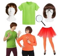 Costume de détective et de résolveur de mystères pour couple - Accessoires emblématiques de dessin animé avec perruques, collants, tutu et loupe - Parfait pour Halloween, les fêtes à thème