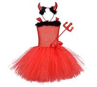 Costume de Diable Enfants Filles Costume de Diablesse Princesse Tutu Robe avec Cornes Bandeau Fourche Set pour Halloween Carnaval Cosplay Anniversaire Fête de Mardi Gras Rouge + Noir Set 11-12 Ans