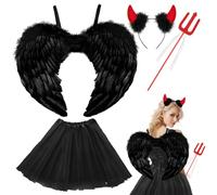 Costume de Diable Femme Noir, Jupe avec Tutu, Ailes de Diable, Auréole et Baguette Magique, Ailes d'Ange Costume Noir Ailes Tutu-Jupe, Costumes d'Halloween Adulte Ange-Démon-Noir-60cm
