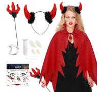 Costume de diable pour femme - Costume de vampire pour femme - Cape noire rouge - Costume d'Halloween - Costume de diable - Cape de vampire pour femme - Avec fourchette du diable - Cornes du diable -