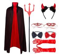 Costume de Diable pour Femme Halloween - 8 Pièces avec Cape, Trident, Cornes, Nœud Papillon, Masque et Gants en Dentelle (B)