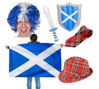 Costume de fan écossais 6 pièces - Drapeau écossais, perruque afro bleue et blanche, épée et bouclier gonflables, chapeau tartan et cravate - Kit ultime de supporter de l'Écosse - Football Burns Night