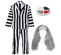 Costume de fantôme fou pour enfant - Taille M - Noir et blanc - Cravate noire - Perruque grise - Déguisement d'Halloween pour enfant