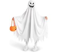 Costume de Fantôme Halloween Enfant, Blanc Déguisement Fantôme, Costume Amical pour Enfant avec Sac Citrouille, Halloween Des Bonbons ou un Sort (Blanc)