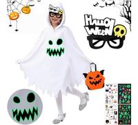 Costume de Fantôme Halloween Enfant, Fantômees Blanc Costume pour Enfant, Lumineux Manteau Costume Déguisements, Fantôme Costume pour Filles avec Chapeau Pour Halloween, fête, cosplay, carnaval (XS)