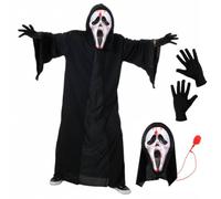 Costume de fantôme Screamer - Masque de fantôme pompe à sang, robe à capuche noire et gants noirs - Déguisement d'horreur d'Halloween pour adultes