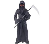 Costume de faucheuse effrayant pour enfants, garçons et filles - Robe de faucheuse avec faucheuse - Lunettes aux yeux rouges brillants, gants, vêtements pour le visage, ceinture (noir, 8 à 9 ans)