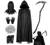 Costume de faucheuse pour enfants avec faux courbé et masque séparé - lot de 6 - Costume d'Halloween effrayant pour garçon Cape de faucheuse noire 118-140 Grim Reaper Mort Détraqueur Tenue de fête