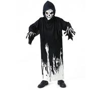 Costume de faucheuse pour enfants, garçons et filles - Costume d'Halloween phosphorescent - Robe de faucheuse avec gants de faux - Lot de 3 pièces (A, 10 à 12 ans)