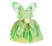 Costume de Fée Clochette pour enfant fille sans manches - Robe en tulle + ailes de fée papillons, boîte à déguisement, pour Halloween, Noël, carnaval, cosplay - Vert - 6-7 ans