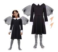 Costume de fée de vampire pour fille - Comprend une robe noire, des accessoires d'ailes noires, des collants rayés, une cravate et des oreilles pointues - Parfait pour Halloween, jeu de déguisement et