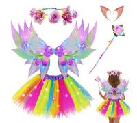 Costume de fée lumineuse pour enfant - Costume de licorne - Costume de licorne - Ailes de fée LED - Ailes de papillon - Avec tutu LED - Serre-tête - Baguette magique - Oreilles d'elfe - Pour Halloween