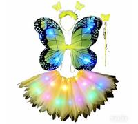 Costume de fée papillon lumineux à LED pour fille, comprend des ailes, une jupe tutu, un bandeau, une baguette magique, arc-en-ciel multicolore, pour fête d'anniversaire, carnaval, costumade (jaune)