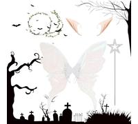 Costume de fée papillon - Pack d'ailes d'ange irisées, accessoire de baguette florale, sangles de fixation flexibles + prothétiques, base textile translucide douce - pour scène dramatique et é