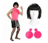 Costume de femme au foyer adulte Rock Queen - XL - Haut rose sans manches, jupe noire, collants, boucles d'oreilles à clipser, perruque Bob noir - Déguisement amusant pour homme - Icône de musique des