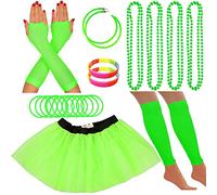 Costume de fête années 80, tutu néon, jambières, gants en résille, collier de perles, boucles d'oreilles créoles fluo, bracelets en gélatine, tenue de rave pour femme (vert)